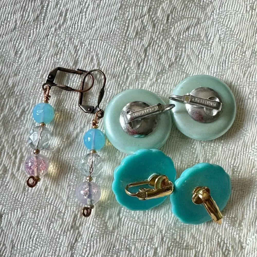 Vintage 10 Piece Turquoise Lucite Glass Bead Necklace & Earring Lot 12.7oz 50’s